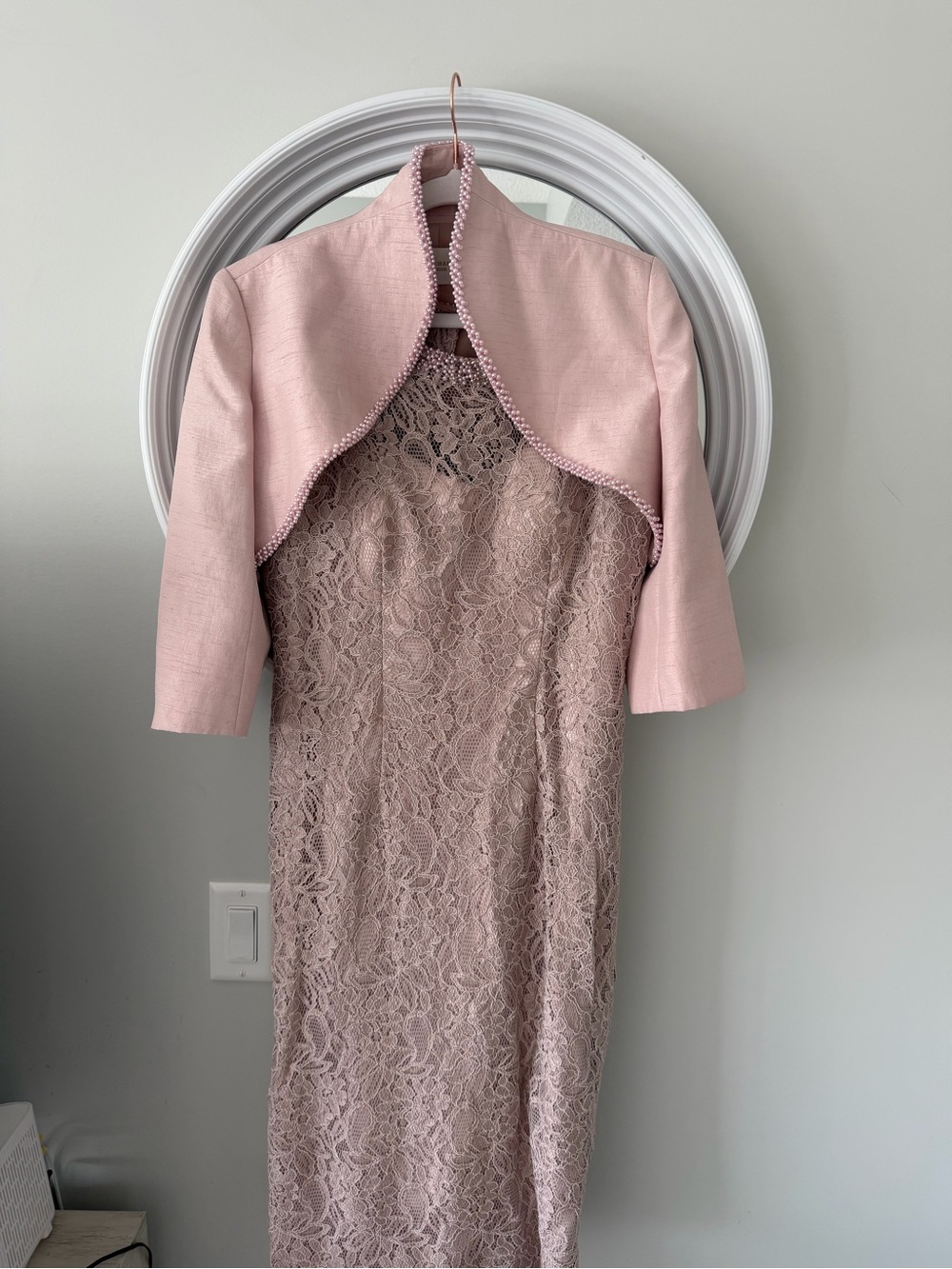 EUC John Charles London Mother of the Bride Pearl Lace Dress & Bolero Set